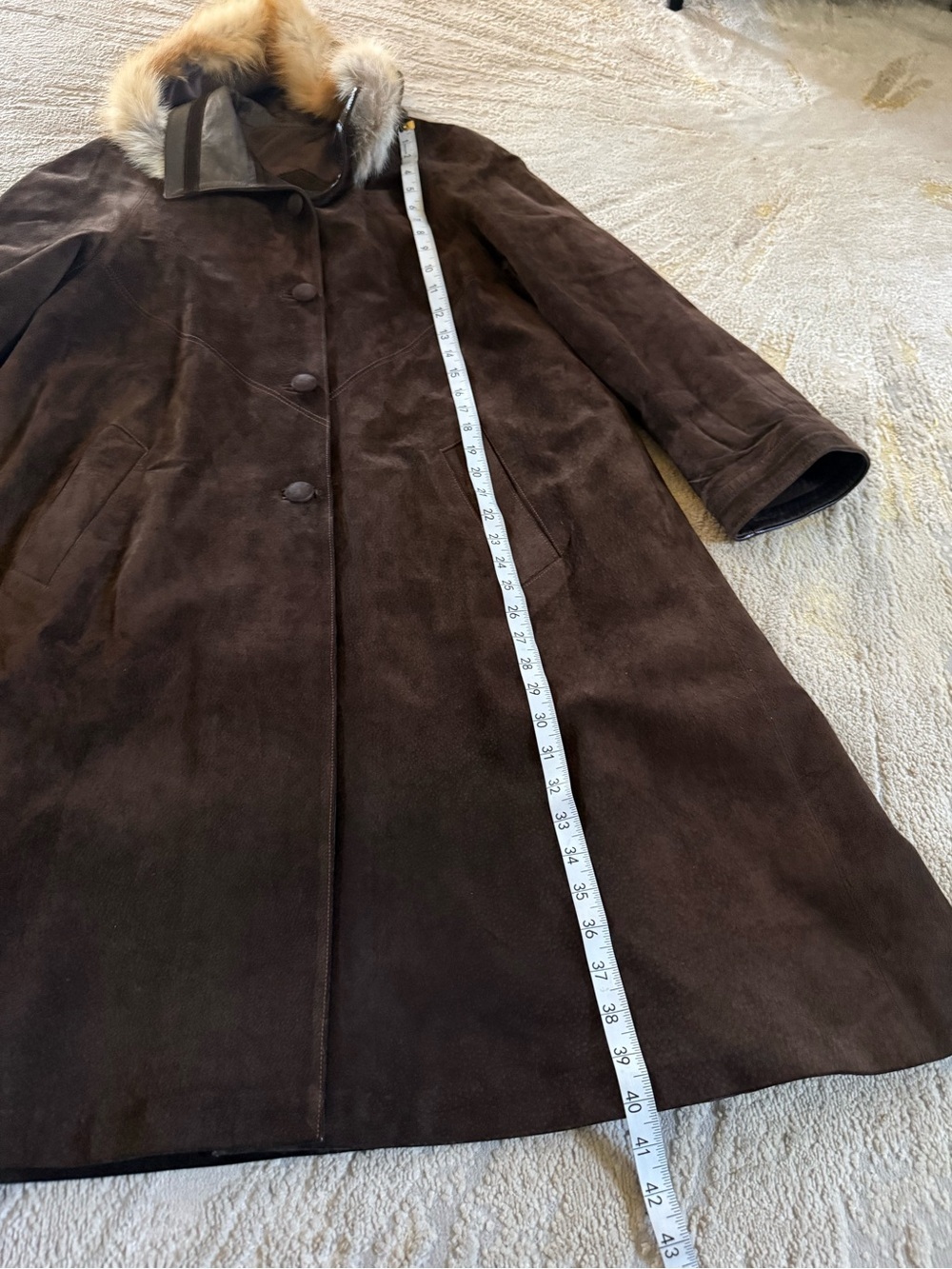 Vintage brown suede leather long line coat jacket with hood fur trim 40 / medium - Picture 11 of 12